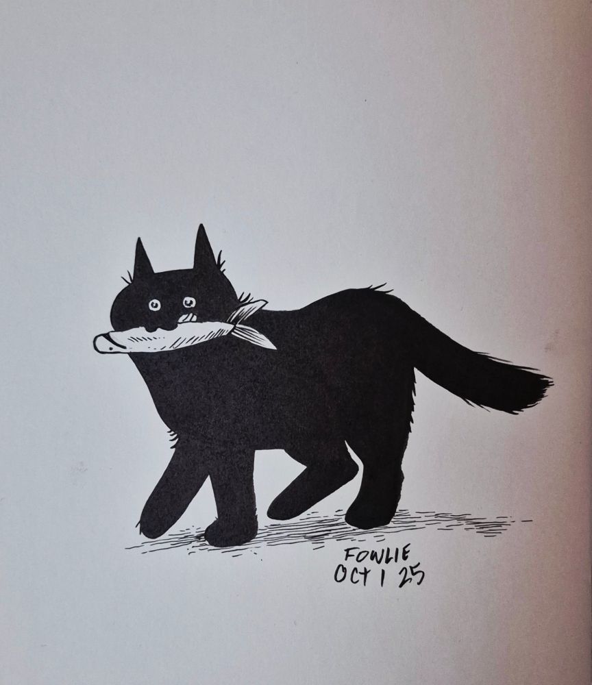 An ink drawing of a chunky black cat walking with a fish in its mouth. 