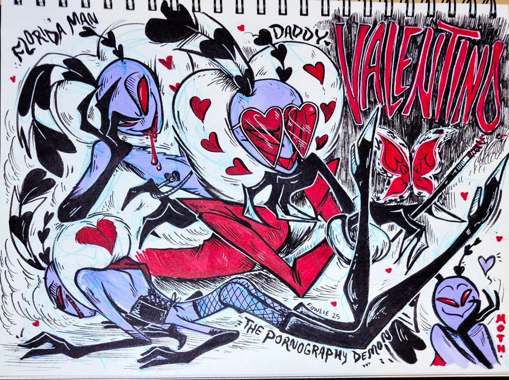 A mixed media sketch page of Valentino (Hazbin Hotel) drawn several times in alluring positions.
