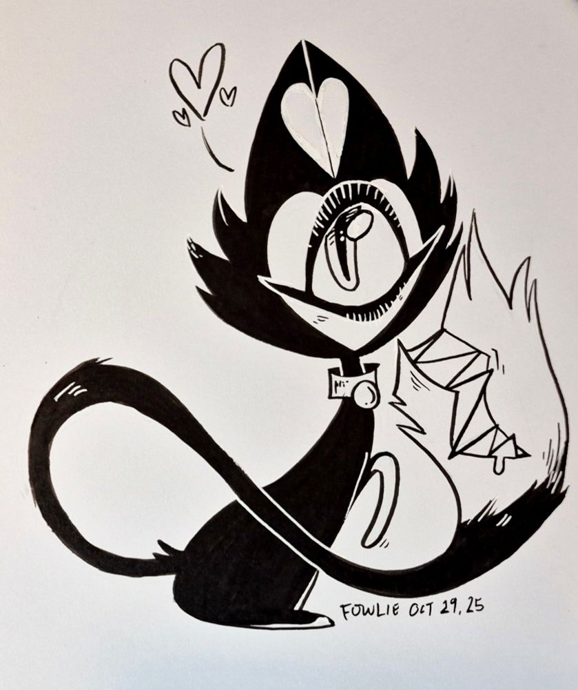 An ink drawing of Keekee from Hazbin Hotel.  A little black and white cat with one large eye and a toothy grin hinge in her tail. 