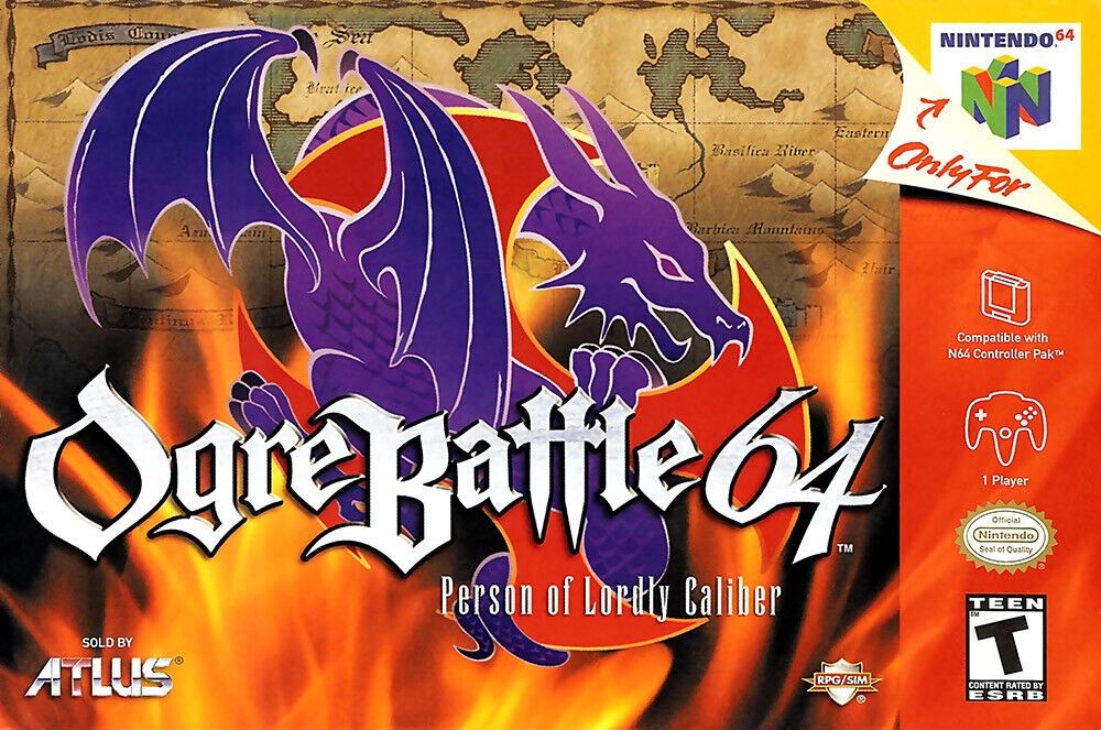 The North American box art of Ogre Battle 64 for the Nintendo 64. It features a stylized purple-blue dragon wrapped around a red icon resembling a 4 bladed cross. The game box advertises that the game is exclusive to the N64, is compatible with the N64 Controller Pak, is single-player, and is rated T for Teens. 