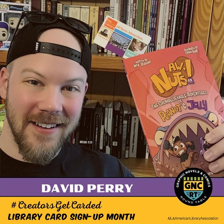 Creator David Perry holding his book Aw, Nuts!: The Crumbelievable Adventures of Peanut and Jelly with his Beech Grove Public Library card sticking out the top.