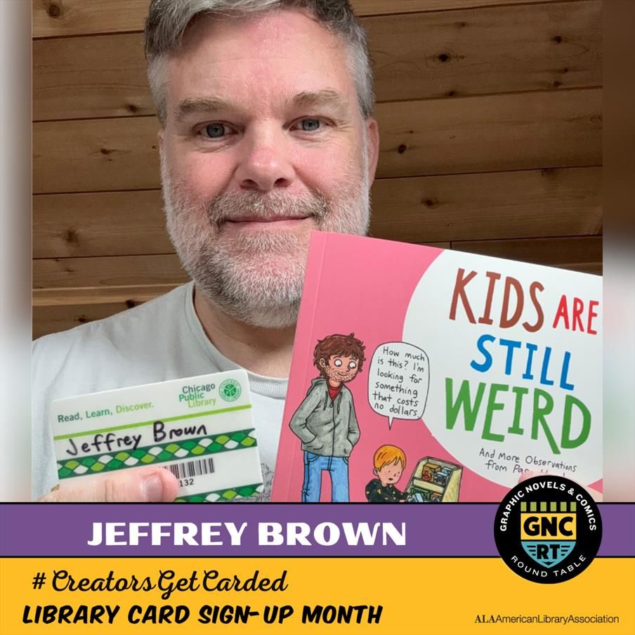 Jeffrey Brown holding his book Kids are still weird and his Chicago Public Library Card
