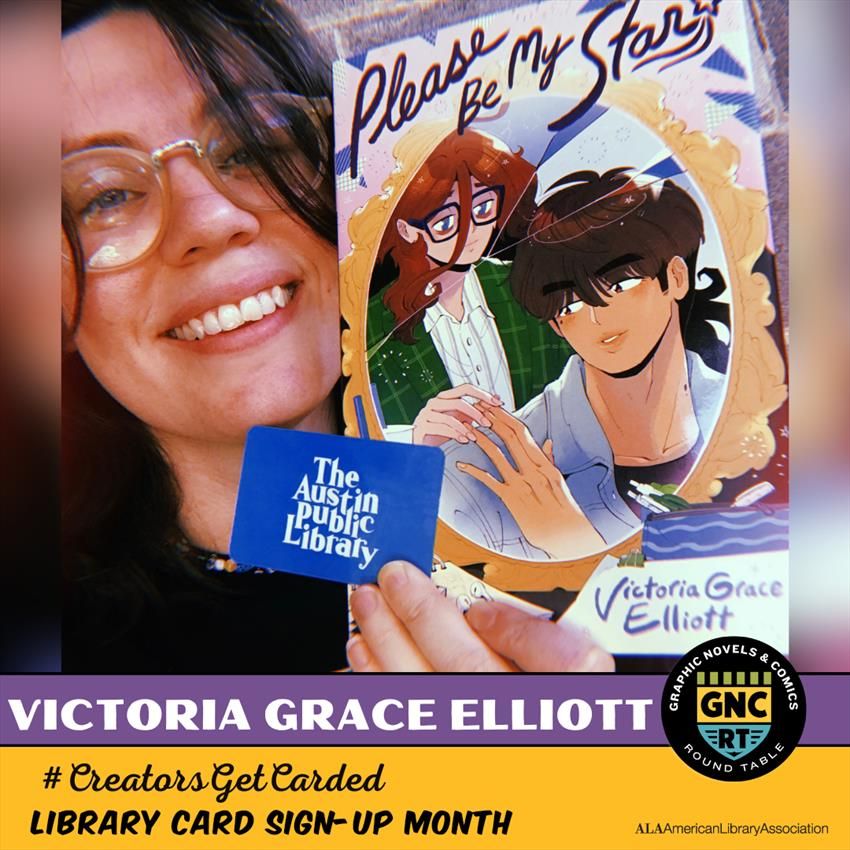 Creator Victoria Grace Elliott holding her Austin Public Library card in front of her book Please Be My Star
