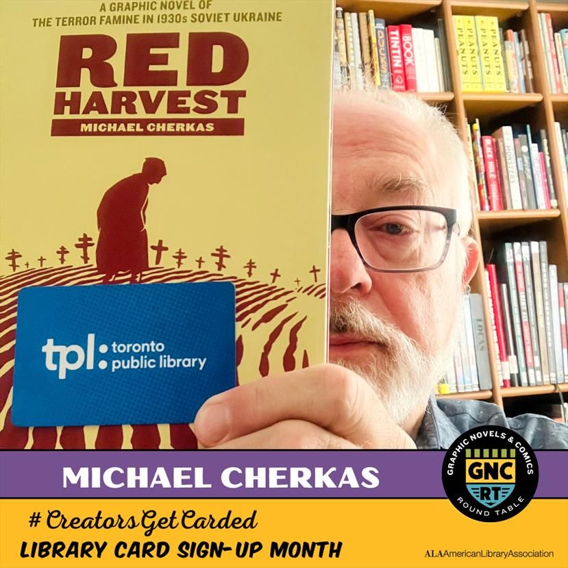 Creator Michael Cherkas holding his book Red Harvest along with his Toronto Public Library card
