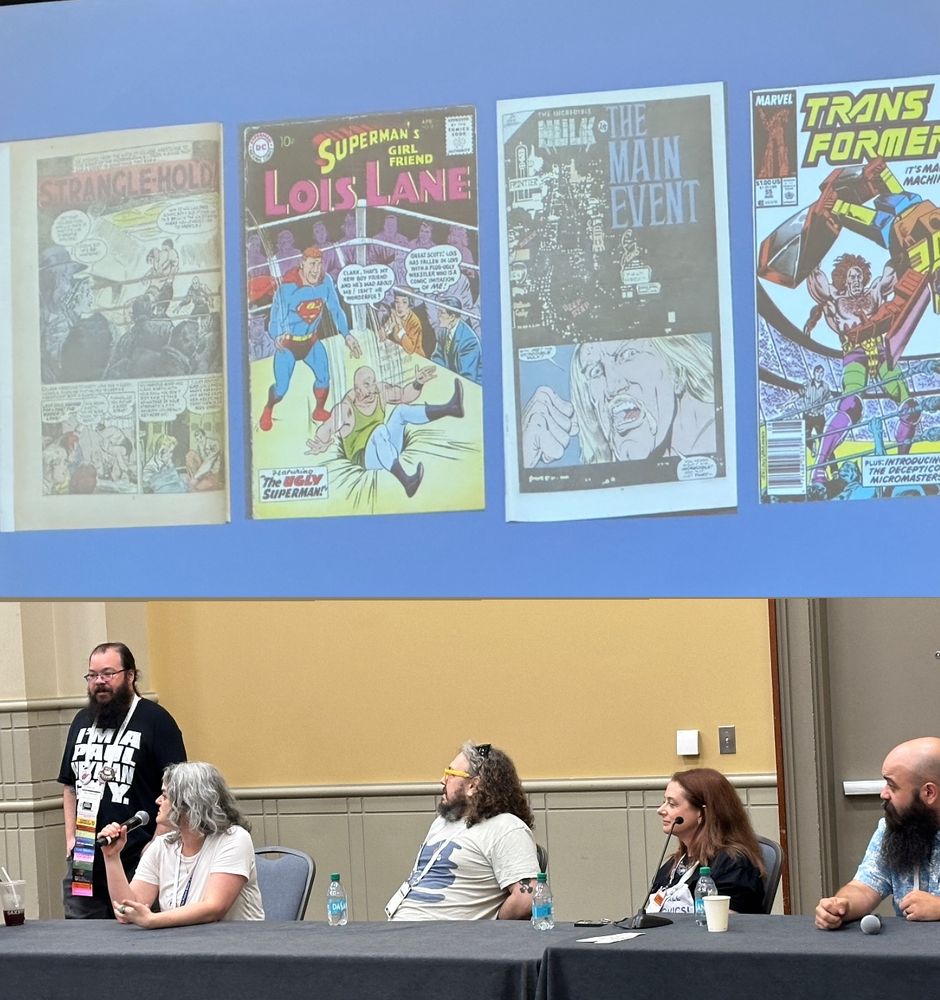 Panelists during Wrestling and Comics with moderator. 
Left to right: Matthew Noe, Megan Halsband, Brian (Box) Brown, Moni Barrette, Michael Torma