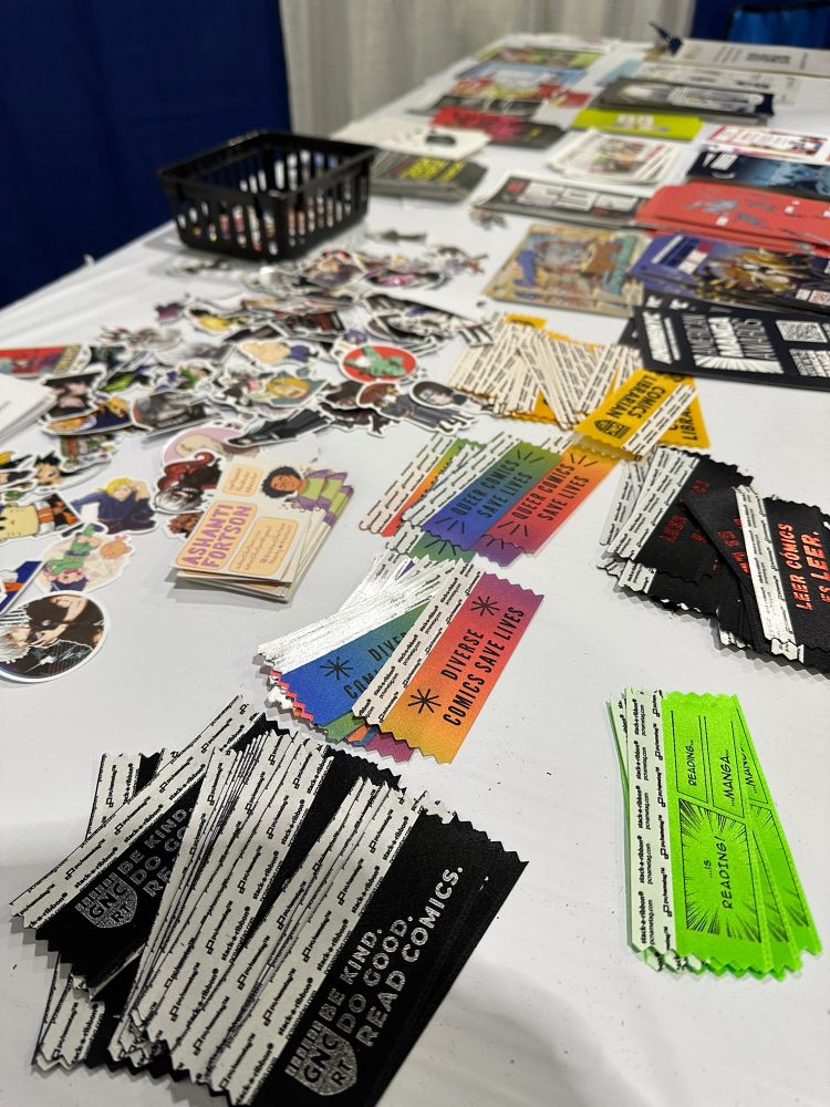Table of ribbons, stickers, and other items 
