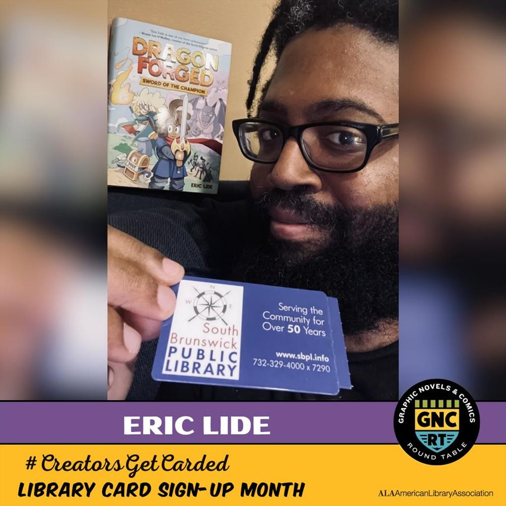 Eric Lide holding a South Brunswick Public Library Card with his book Dragon Forced sitting behind him. 
