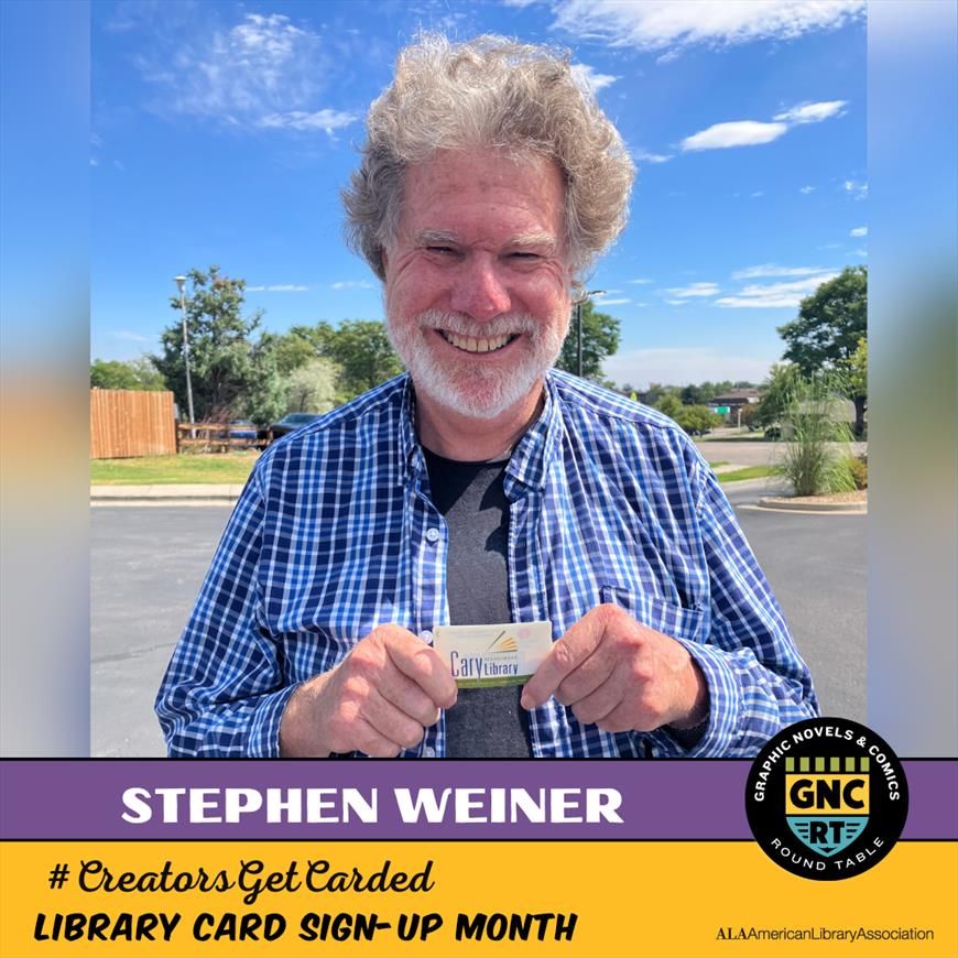 Stephen Weiner standing outside holding his Cary Memorial Library card