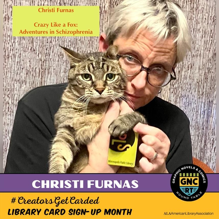 Christi Furnas holding a tabby cat and a Minneapolis Library card