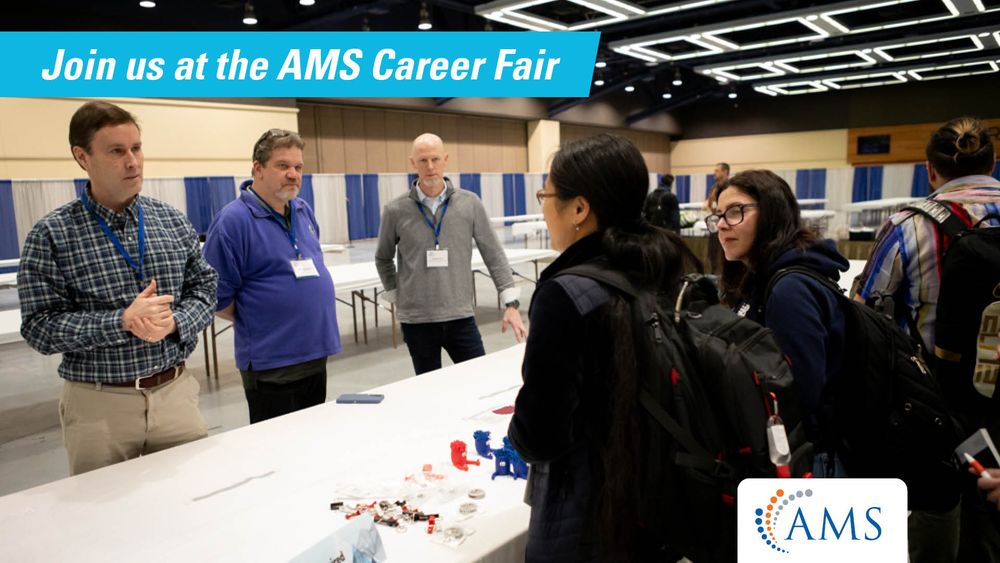 Join us at the AMS Career Fair. Attendees engage with representatives at a booth at a previous AMS Career Fair. AMS logo.