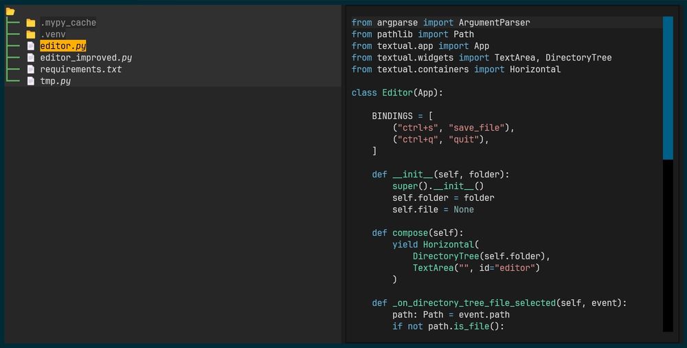 A terminal window with a text editor. It has a directory tree to the left and a syntax highlighted python file to the right.