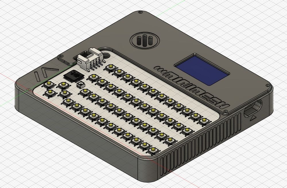 A screenshot of a Fusion 360 CAD model of the fully assembled Minimesh node. The entire model is dark grey, save for the keyboard and screen. The keyboard is white with yellow buttons, and the screen is a dark blue. The Meshtastic "M" logo is embossed on the lower left corner, and the "Minimesh" logo is embossed below the screen. To the left of the screen is a cutout for a speaker.