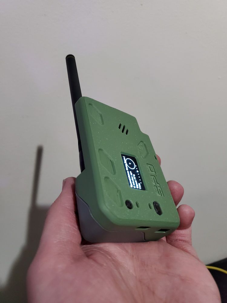 The same node from another angle. There is a USB C connector cutout on the bottom, with another cutout beside it for an M5Stack CardKB connector, which is currently unpopulated.

The back half of the case is printed in matte grey filament.