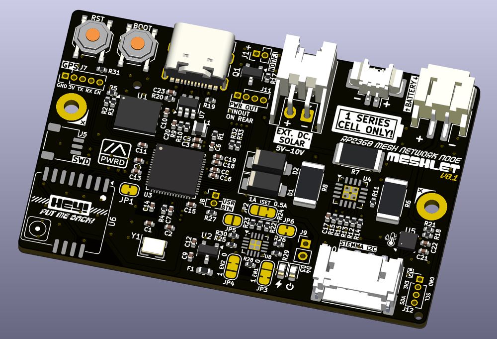 A screenshot of a 3D render of the top side of a circuit board. This board has a black base, with white silkscreen text, and yellow-gold pads. It's very densely packed with components.
