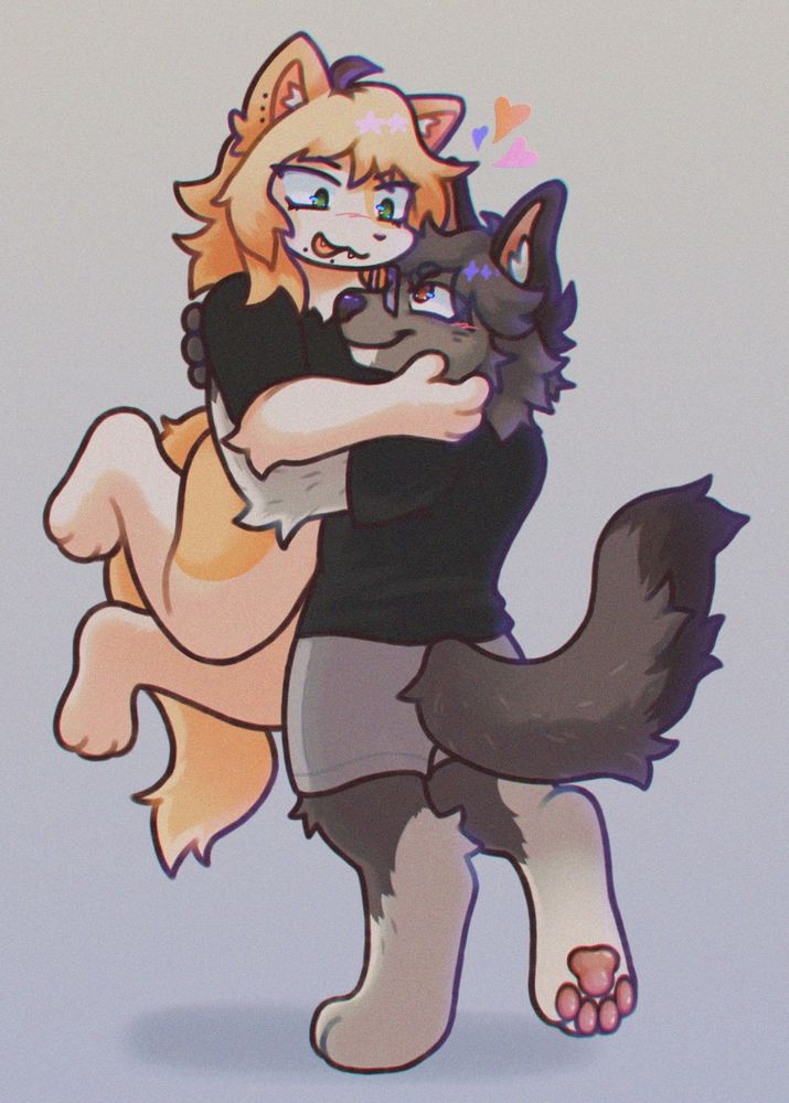 A drawing of two furry characters: a light yellow/beige cat and a dark brown dog with glasses. The dog is lifting the cat up in an embrace. They are looking at each other, smiling.