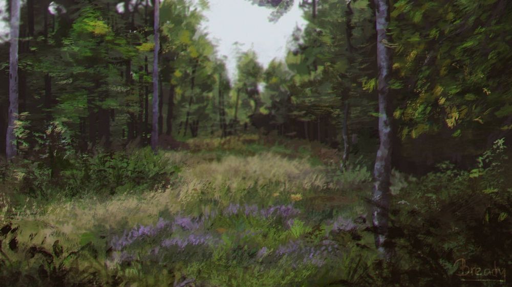 A realistic painting of a small field in the middle of a forest. There are a few flowers in the field.