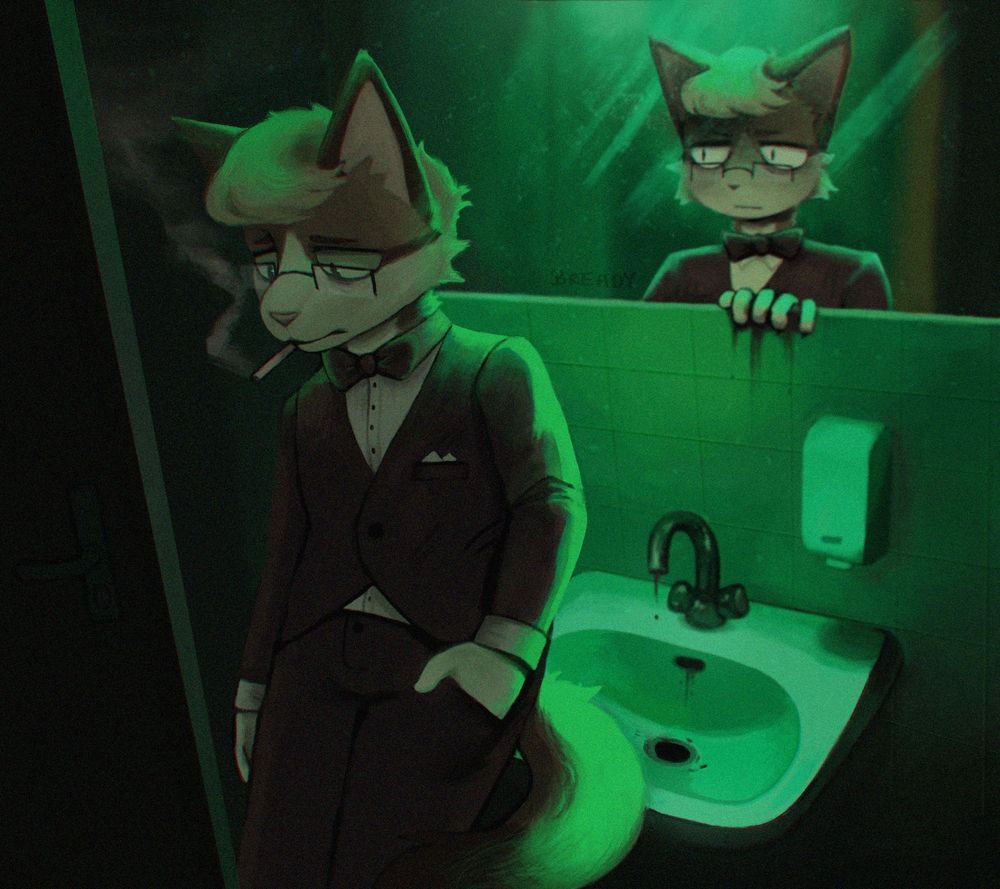 A painting of an anthropomorphic tabby cat standing in a dimly lit bathroom. The character is wearing a suit, bow tie, and glasses. He is leaning against a sink, looking down at the floor with a distant gaze and smoking a cigarette. 
The reflection in the mirror behind him is creepily watching him, and reaching out through the mirror with one hand.
