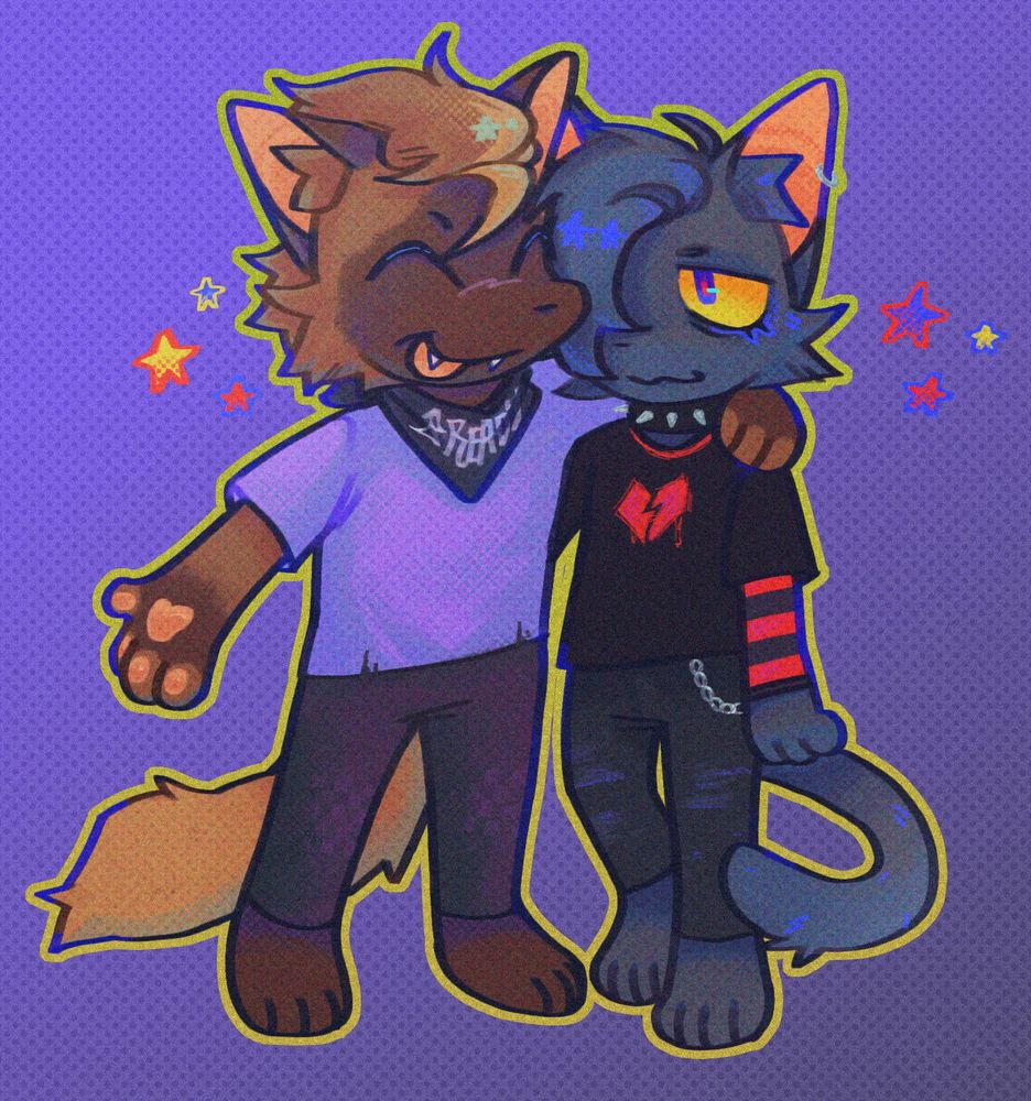 Two anthro cats, a brown one with color point patterns and an entirely black one with emo hair. The brown cat is slightly larger and has one arm over the other's shoulder. They seem to be mid conversation and look happy.