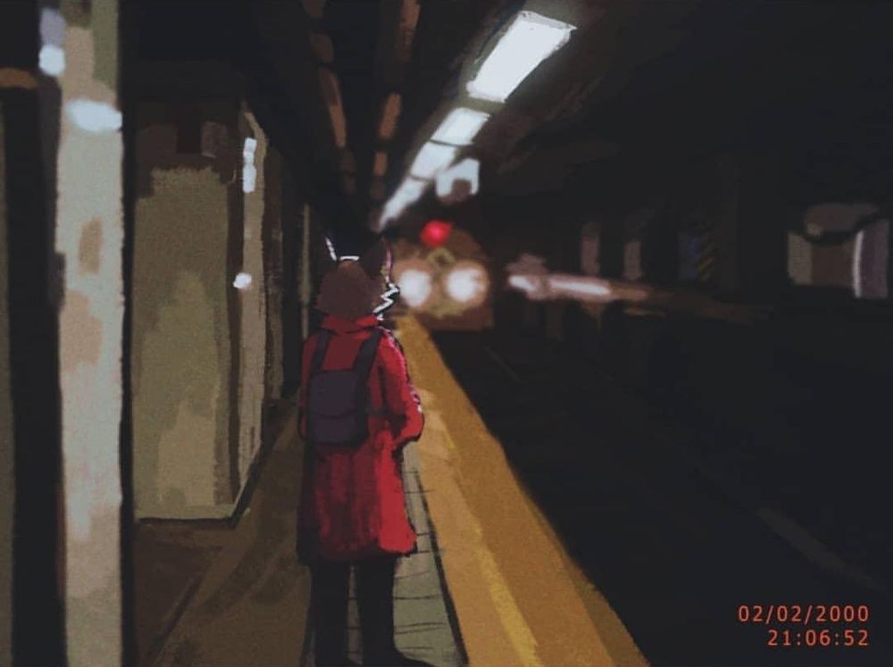A digital painting featuring an anthro cat in a bright red coat at a subway station. A subway is visible in the background of the painting, approaching the station.
The character is facing away from the viewer.
