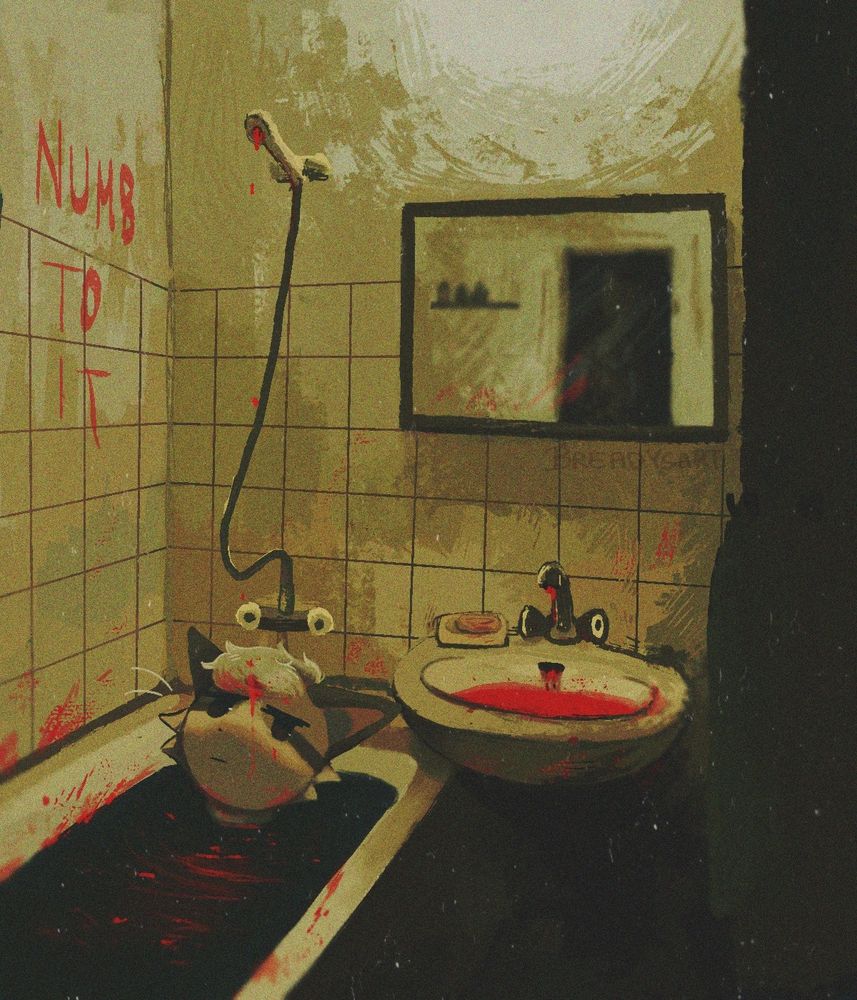 A digital painting of a bathroom with dim, yellow-ish lighting. A mirror, sink and bathtub are visible. The bathtub and sink are filled with a mysterious black/red liquid.
A brown anthro cat is lying in the bathtub, looking at the ceiling with a neutral expression. Some red text on the wall says "numb to it". 