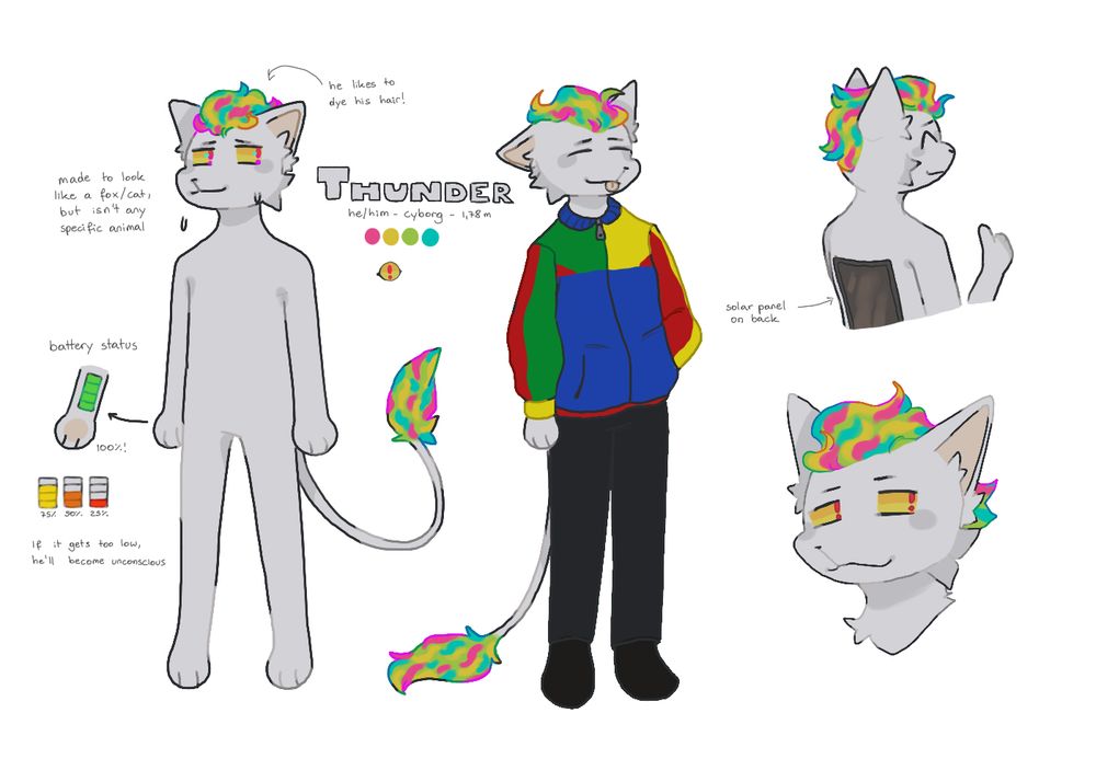 A reference drawing for an anthro character resembling a white fox. It has spiky, colorful hair on its head and the tip of the tail. On its back is a solar panel.
