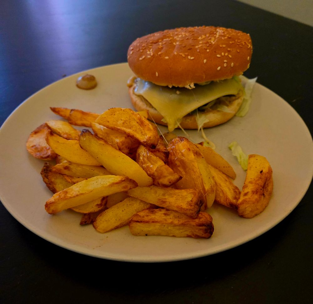Selfmade - pommes, Burger mit Angus beef, glasierten Zwiebeln, Käse,Salat etc.