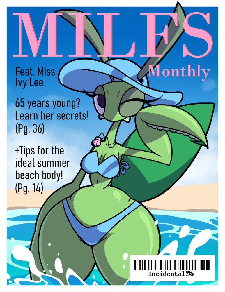 Tall mantis mother posing in a bikini at the beach, framed like the cover of a magazine.

MILFS Monthly
Feat. Miss Ivy Lee
65 years young? Learn her secrets! (Pg. 36)
+Tips for the ideal summer beach body (Pg. 14)