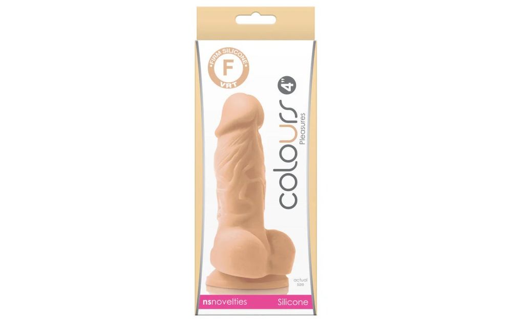 Packaging for the NS Novelties Colours Pleasures 4" realistic dildo with balls.