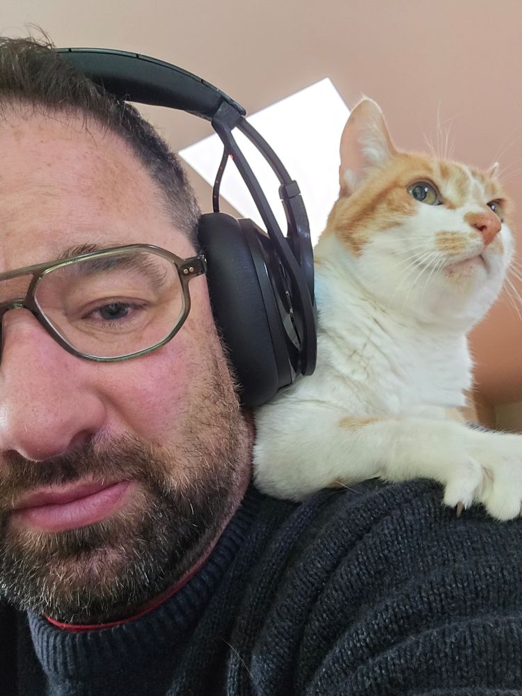 Bearded man wearing headphones has ginger cat perched on his shoulder