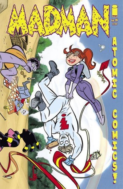 Cover of Madman Atomic Comics #14, Madman is beginning carried by a woman flying up the cover wearing a purple jumpsuit and a jet pack. Madman is holding ontoa half eaten hot dog and a plastic man analogue whose one hand is in the shape of a kite, three other superhero types are scattered from a picnic in the chaos