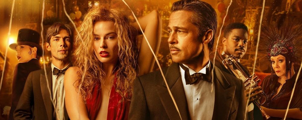 Promotional Cast photo of the 2022 film Babylon starring Brad Pitt and Margot Robbie 