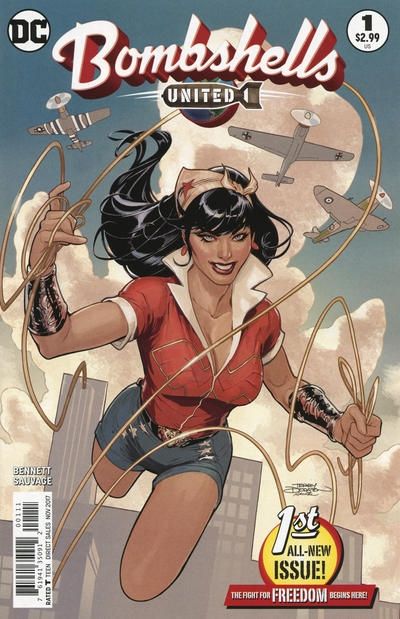 Comic book cover for Bombshells Untied #1 Rosie the riveter style wonder woman, flying with her lasso out, there are three fighter planes and a city in the background
