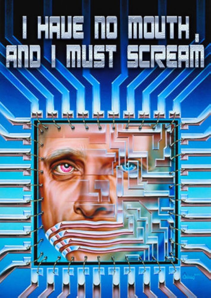 The cover of I Have No Mouth and I Must Scream, showing a face with a gray eyebrow, pink and blue heterochromia, and a mouth covered by circuit-like graphics