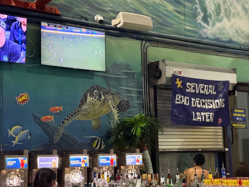 A nautical themed bar with a flag in SpongeBob font reading SEVERAL BAD DECISIONS LATER