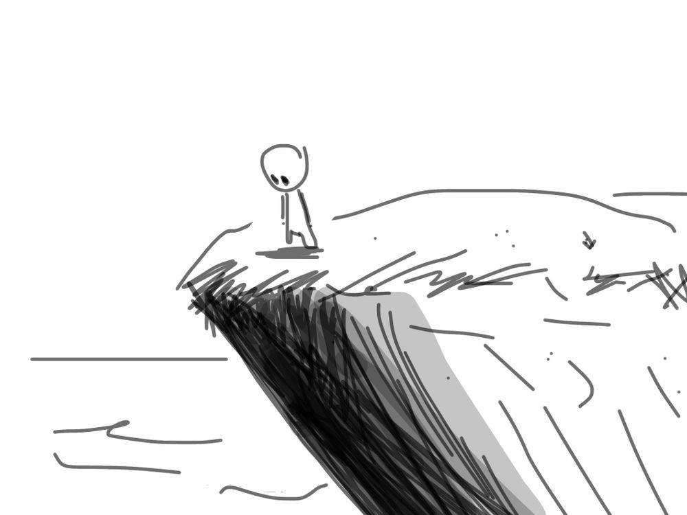 b/w sketch of looking over a cliff