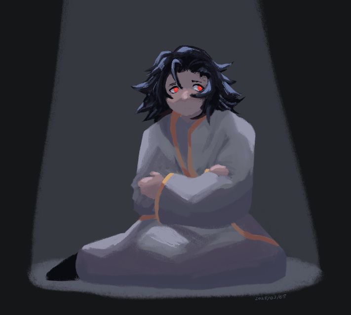 a rendered drawing of Tegan sitting, holding himself in anxiety. Tegan is a man with medium length, shaggy black hair. He wears a mage-like robe with gold trimmings.