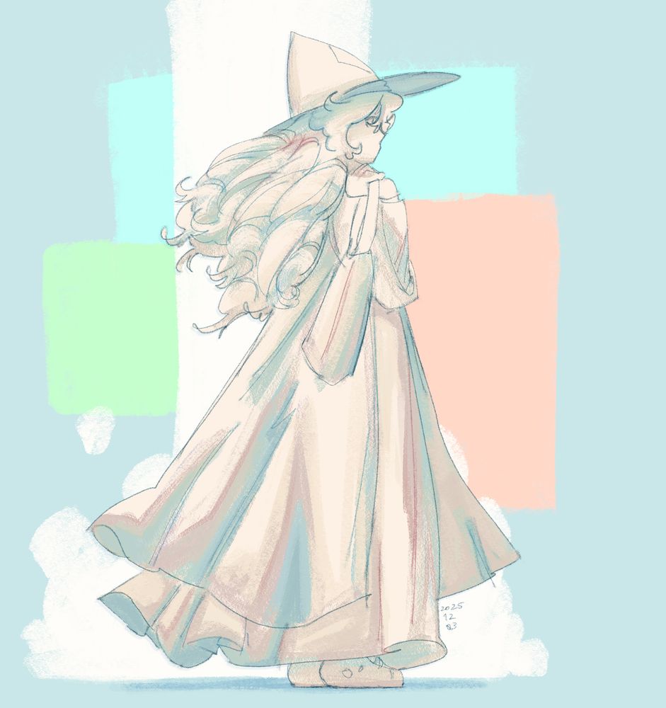 a shaded digital drawing of Irma. The background is of simple, pastel shapes and water falling into a cloud-like shape. Irma's looking off into the distance, holding a tote bag in her hand. Irma is a somewhat short, human woman with a witch-like hat and long, ribbon-curled hair. she wears very loose clothing—a robe and more loose cloth on top.