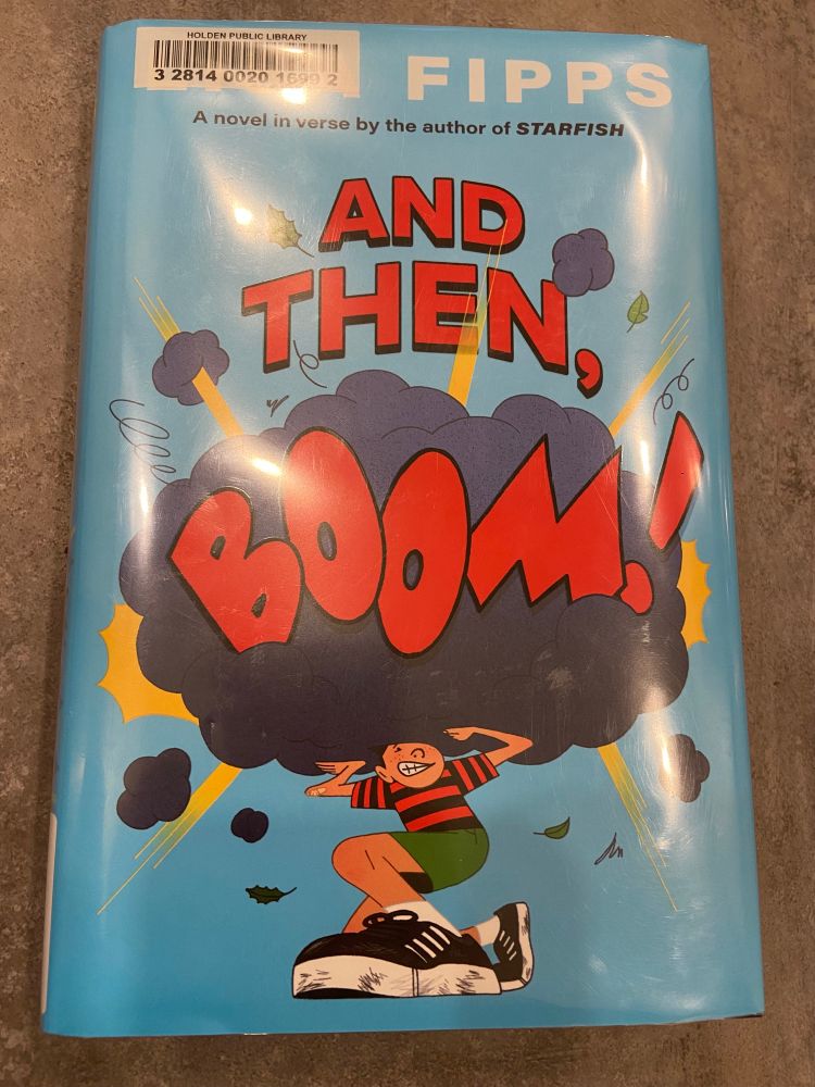 The cover of And Then, Boom! is displayed showing a young boy holding up a dark cloud with the word Boom! written in red inside of it.