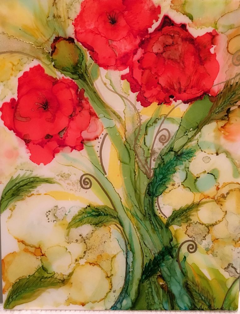 Red flowers with large green stem. Yellow background. 