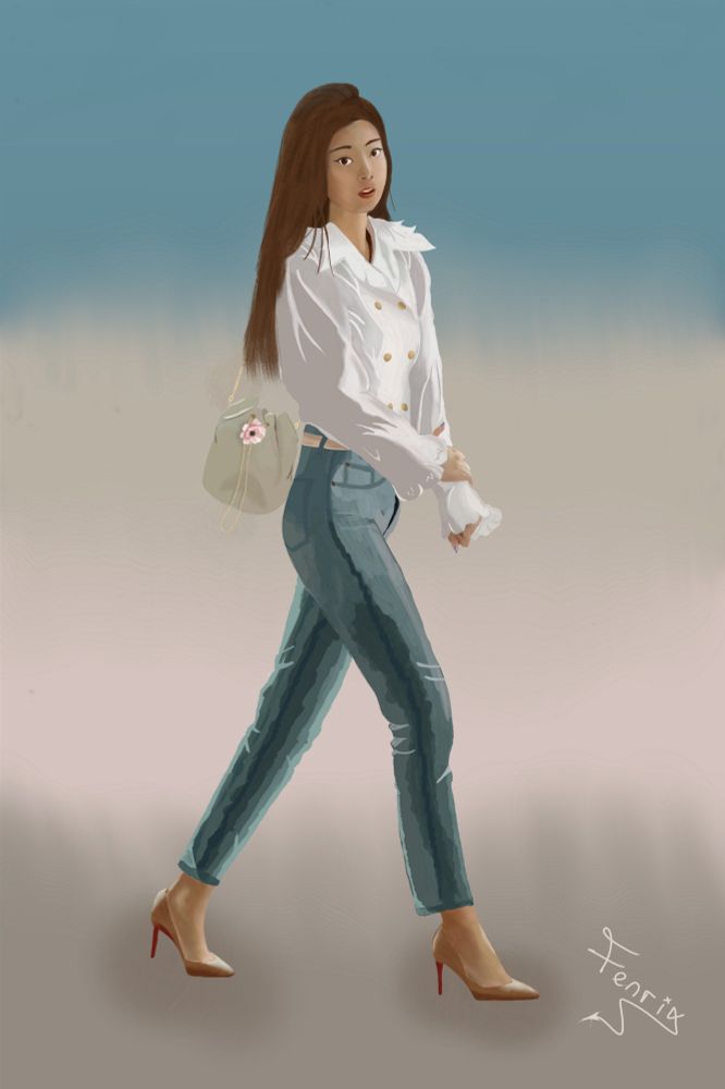 chic and modern asian woman walking