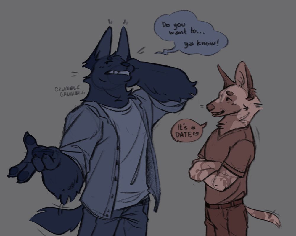 A large dark wolf trying to confess to the painted dog.