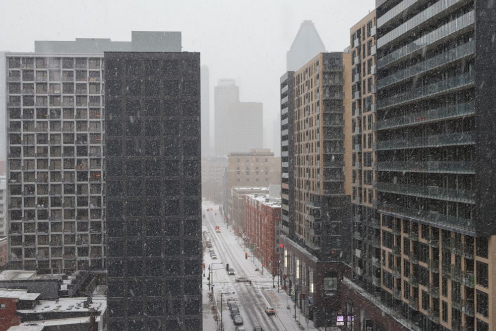 Vue de la rue Peel à partir de l'hôtel Alt. Il tombe une faible neige. On voit les gratte-ciel de chaque côté de la rue. En arrière-plan, les gratte-ciel sont dans la brume. Griffintown, Montréal (30 novembre 2025).