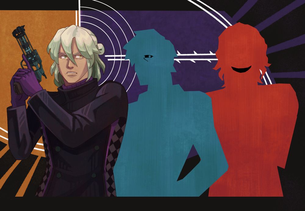 kaname date from ai the somnium files holding up his evolver (gun). there are two silhouetted figures to his right, one blue and red. the blue one is intended to be falco and the red one is the new cyclops killer. 