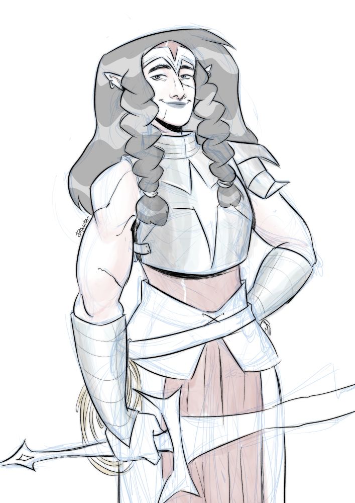 fanarte da mulher maravilha em uma versão meio medieval. Ela possui duas tranças na parte da frente do cabelo e o restante solto para trás. Um dos braços está apoiado na cintura e o outro segura uma espada torta, além de usar armadura nos dois antebraços. Na cabeça tem uma tiara com o símbolo da mulher maravilha e no torço usa uma armadura com símbolo similar 