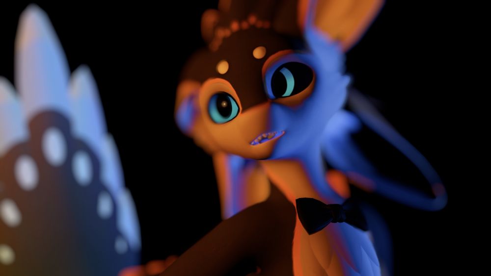 A dark gray, orange, blue and white Spirivali with a bowite on a dark background