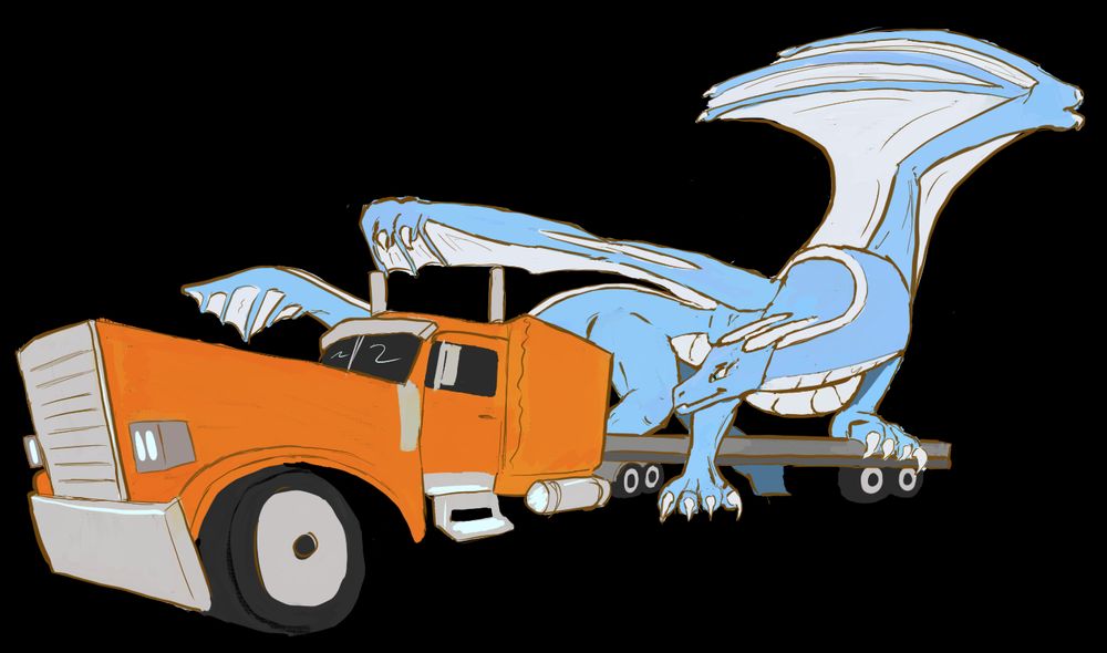 A blue and white dragon stepping over the trailer bed of an orange semi truck