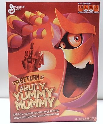A picture of the "Yummy Mummy" cereal box from the count chocula cereal brand.