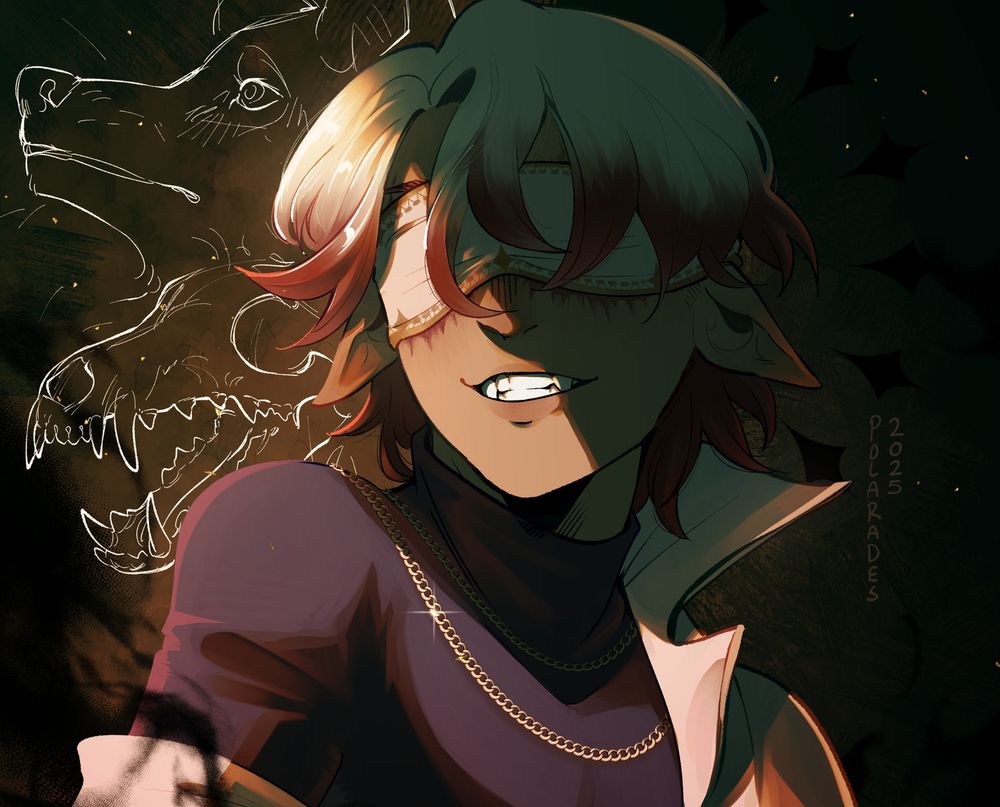 Digital art of the artist's character Treze, drawn on a dark background smiling with a picture of a coyote and a coyote skull behind him.