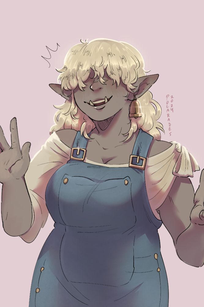 Drawing of an orc woman from Dungeons and Dragons with greyish skin and a smile. Her blonde hair covers her eyes completely.