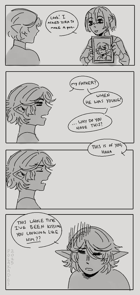 A short comic of my characters (context: Eldri is a vampire and hasn't seen himself in years)

Panel 1: Adel presents Eldri with a drawing, saying "look! I asked Zira to make a por-"

Panel 2: Eldri interrupts, saying "My father? When he was young? ... Why do you have this?"
Adel replies "This is of you, haha"

Panels 3,4: Eldri looks aghast, says "This whole time I've been kissing you looking like HIM?"